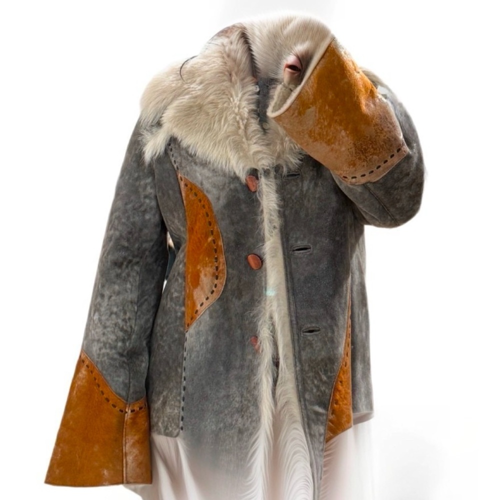 Gray and Tan Leather Shearling Coat